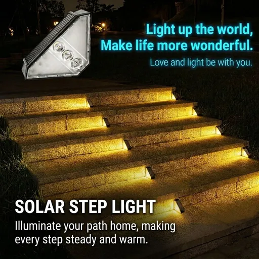 Solar Powered Triangle Step Light with Monocrystalline Silicon Panel, Auto On at Dusk, IP65 Waterproof for Outdoor Stairs, Pathways, Patios, and Garden Steps – Choose Cool White 6000K or Warm Yellow 3000K for Safe Nighttime Illumination (6PCS, Warm W