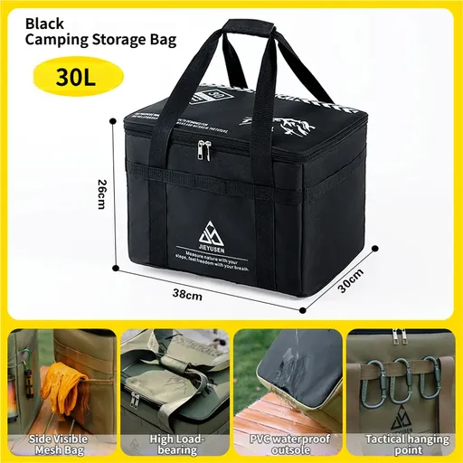30L Collapsible Outdoor Tactical Organizer, Oxford Fabric Large Capacity Camping Gear Storage Bin with Waterproof PVC Base & Hanging Webbing for Picnic, Hiking, Camping & Kitchen Utensils, Black 38 x 26 x 30cm