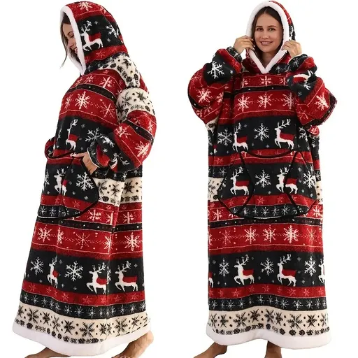 Christmas Plaid Style Oversized Hooded Blanket for Adults - Ultra Soft & Warm Wearable Fleece Throw with Giant Pocket, Perfect for Winter, Christmas & Valentine's Day