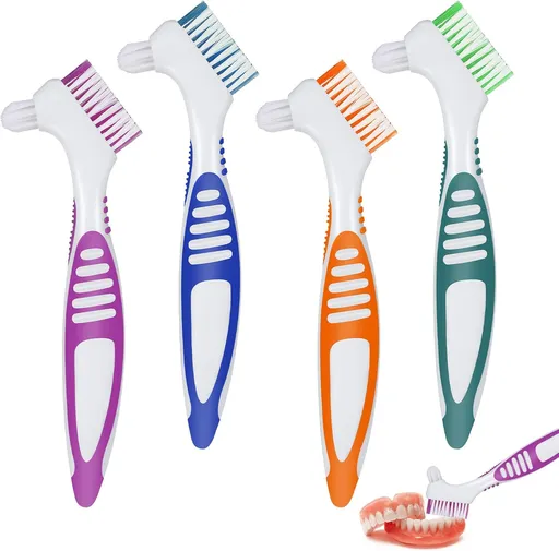 4Pcs Denture Brush Dual Head Toothbrushes, Portable Denture Brush with Soft Bristles and Dual Angled, Hard Denture Cleaning Brush for Denture Care Denture Toothbrush