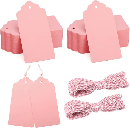 100pcs Blank Paper Gift Tags with String, 4'x 2' Pink Rectangle Craft Hang Labels, Gift Wrap Tags for Father's Day, Christmas, Wedding, Birthday, Baby Shower