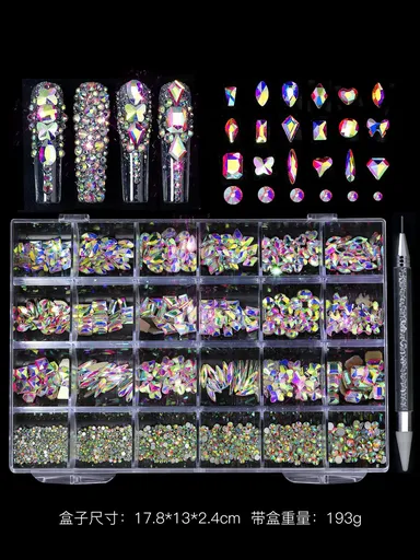 AB-Colored Nail Rhinestones for Nail, 5380Pcs AB Flatback Glass Nail Charms Gems Stones, 19 Types of Shaped Nail Art Rhinestones Kit with Tweezers, 6 Sizes for Decoration