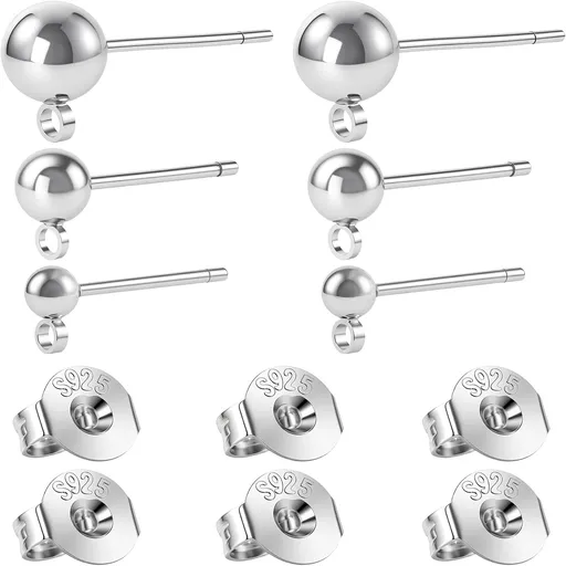 12pcs S925 Earrings Post for Jewelry Making, 3/4/5mm Hypoallergenic Ball Earring Posts Backs, Ear Stud Findings Supplies for Dangle Ear Jewelry Making- Silver