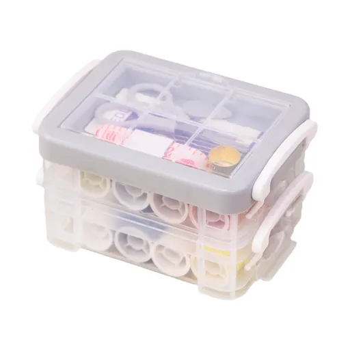 Gray 3-Layer Sewing Kit Box Set - Complete Home Sewing Organizer with 16 Thread Spools, Scissors, Needles & Accessories, Portable Transparent Storage for Craft and Repair