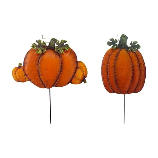 Iron Pumpkin Garden Stakes, Metal Plant Support Stakes for Outdoor Fall Decor, Durable Yard Art with Leaf Accents, Lightweight Garden Ornament for Patio Backyard, Includes 2 Pieces
