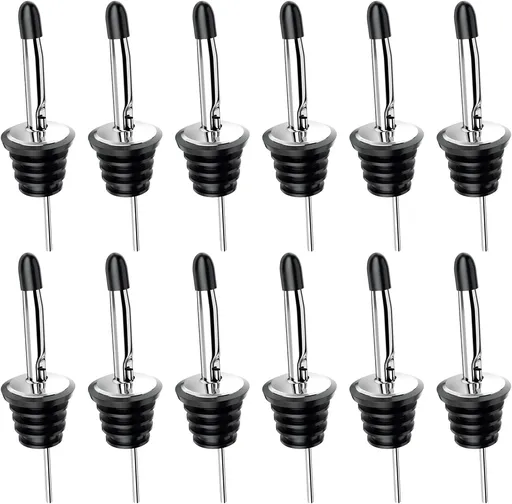 Wine bottle pourer - 12-pack stainless steel - quick bottle dispenser with conical spout and rubber dust cap for wine and spirits bottles