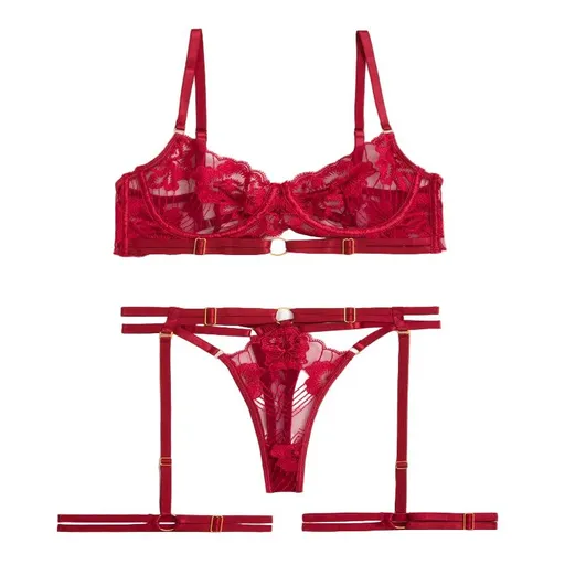 House Of Dasein Style Sexy Underwire Gathered French Lace Embroidered Tie Strap Pure Desire Hollow Out Four Piece Set Lingerie Suit - Red - S