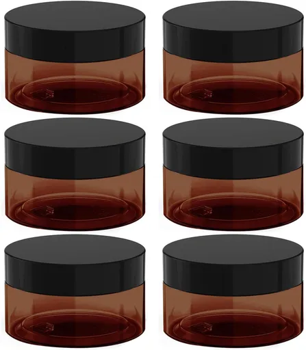 8 oz Amber Plastic Cosmetic Jars Leak Proof Container with Black Lid for Cream, Lotion, Powder, ointment, Beauty Products etc, 6 Pcs.