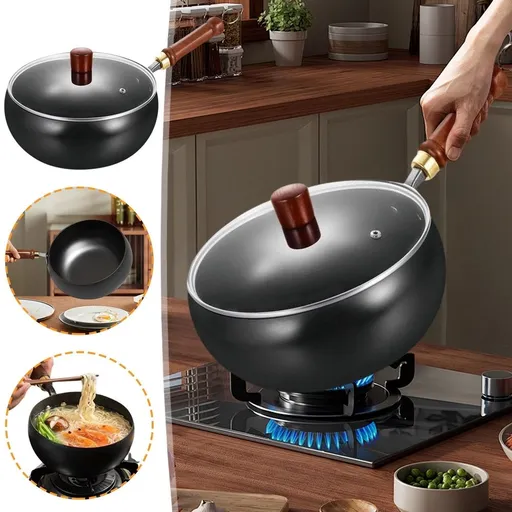 Hand-Forged Uncoated Iron Wok Pan with Glass Lid | Big Belly Stir Fry Pan for Searing & Sautéing | Wood Handle for All Stovetops