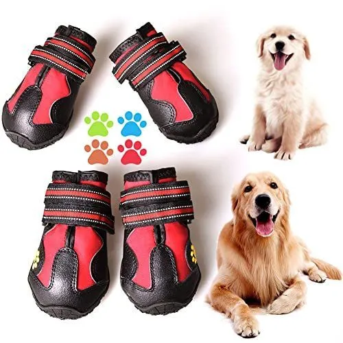 Dog Boots & Paw Protectors Non-Slip Waterproof | Dog Booties Adjustable Straps for Hot Pavement and Winter, Dog Shoes for Medium to Large Dogs 4Pcs with Rugged Sole - Red - Size 5