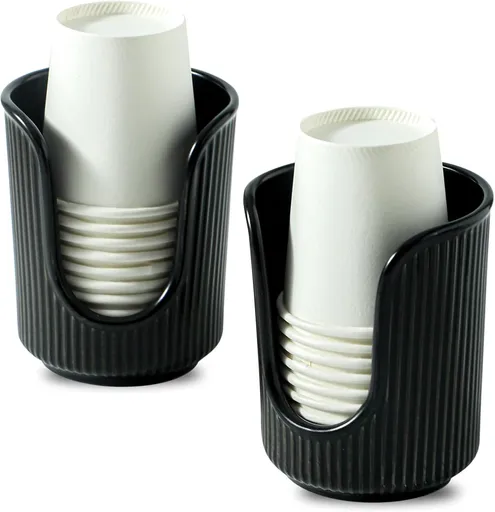 Bathroom Cup Dispenser with Stylish Vertical Stripes - Disposable Mouthwash Cup Holder Holds Paper Cups for Rinsing Cups on Bathroom Vanity Countertops (Black 2 Pack)
