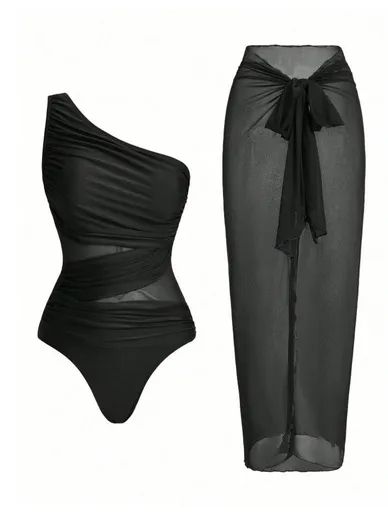 Black Stylish One-Shoulder One-Piece Swimsuit + Sheer Mesh Sarong Wrap Skirt Set (L Size) - Women's Elegant Ruched Crossover Tummy Control Beachwear with Wireless Chest Padding for Beach Holiday Party