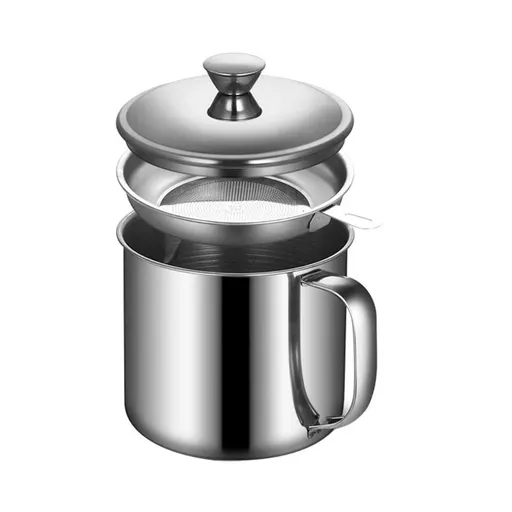 Stainless Steel Oil Strainer Pot,Kitchen Grease Separator Can with Fine Mesh Strainer and Lid,Oil Storage Container,5.7in (Silver)