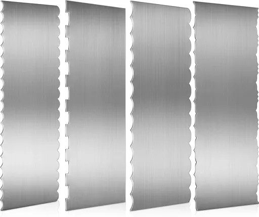 4 Pieces Stainless Steel Cake Scraper Smoother Large Double Sided Patterned Edge Stripe 9 Inch Metal Cake Decorating Comb for Icing Mousse Butter Cream Decoration, 4 Styles