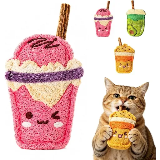 Natural Chew Loofah Cat Toy Dental Care Silvervine Sticks for Indoor Cats, Milk Tea Cup Shaped Treat Toy Helps Remove Dental Calculus (Pink)