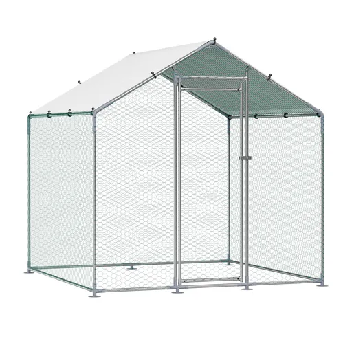 Metal Chicken Coop, 6.56x6.56x6.56ft Large Walk-in Chicken Runs with Cover, Spire Roof Hen House Enclosure with Security Lock, Outdoor Duck Rabbit Cage Poultry Pen for Backyard, Farm, Yard