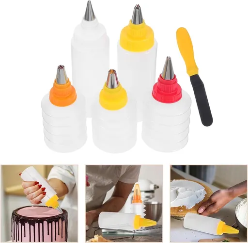 6Pcs Cookie Decorating Squeeze Bottles for Icing,Icing Bottles with Stainless Steel Piping Tips,Food-Grade Plastic Icing Dispenser Versatile Baking Tools for Cookie Decoration,DIY Baking Tool