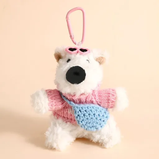West Highland Dog Plush Bag Charm Wearing Pink Outfit With Blue Crossbody Bag, Soft Stuffed Pendant for Christmas & Halloween Gifts