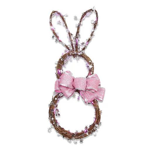 Easter Bunny Hanging Led Colored Lights Rattan Circle Easter Bunny Wreath Diy Decorative Door Hanging