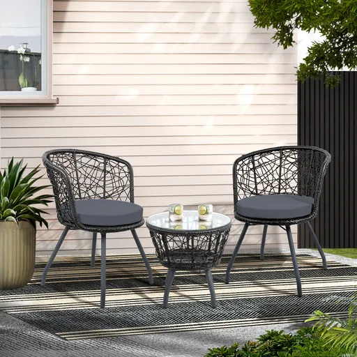 Gardeon 3PC Bistro Set Outdoor Furniture Rattan Table Chairs Patio Garden Cushion Black