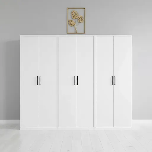 240x200cm 6-Door White Steel 2 Hanging and 1 Shelf Wardrobe with Black Handle Storage Cabinet