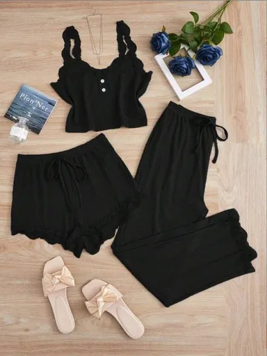Subtle Lace Women Pajamas Set Sleepwear Black XXXL