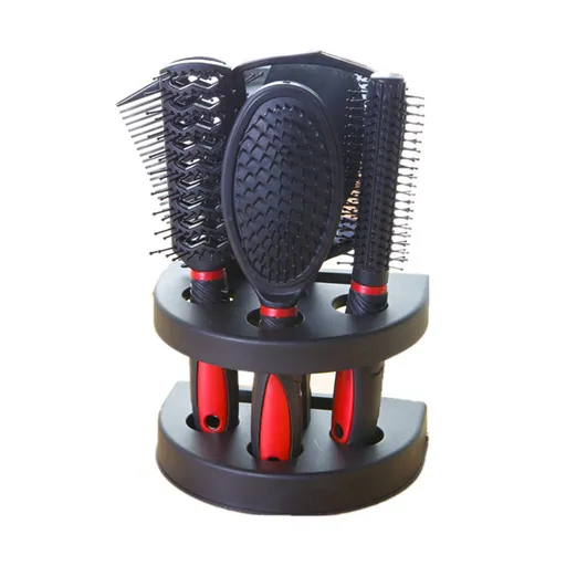 Red 5-Piece Hair Care Set with Rotating Stand – Includes Flat Comb, Styling Brush, Massage Comb, Round Brush, and Handheld Mirror