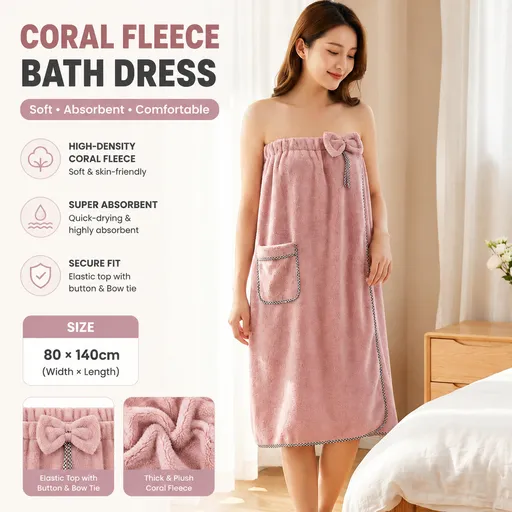 Peach Women's Coral Fleece Wearable Bath Towel Wrap - 80x140cm With Elastic Band, Snap Button and Pocket for Home Spa Travel