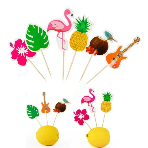 6PCS Tropical Cupcake Toppers Hawaiian Pineapple Flower Palm Tree Flamingo Guitar Cupcake Picks for Summer Beach Theme Party Favor