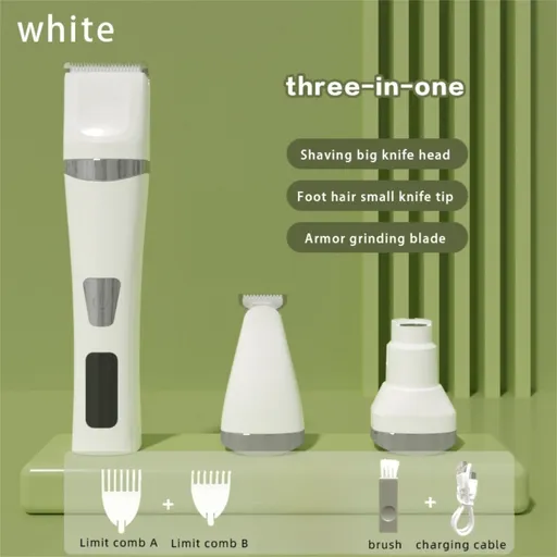 White Professional 3-in-1 Pet Grooming Kit - Low-Noise Rechargeable Dog Hair Trimmer & Nail Grinder for Paws, Eyes, and Body