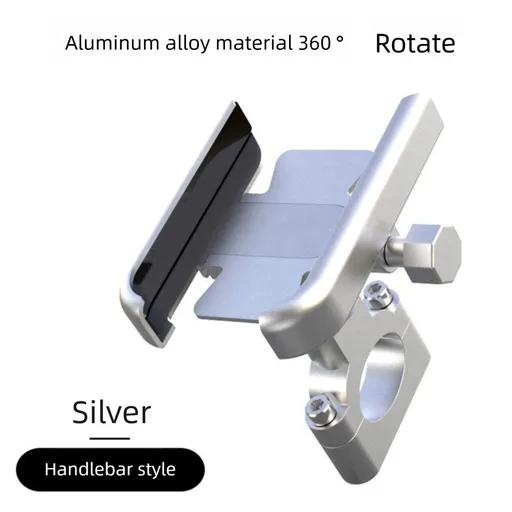 Universal Aluminium Motorcycle Phone Holder Handlebar Mount 360 Rotation Anti-Shake CNC Metal for Bike Scooter 4-7 Inch Phones Sliver