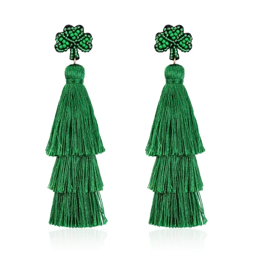St Patricks Day Tassel Earrings for Women Bohemian Boho Crystal Layered Tassel Fringe Thread Chandelier Dangle Earrings