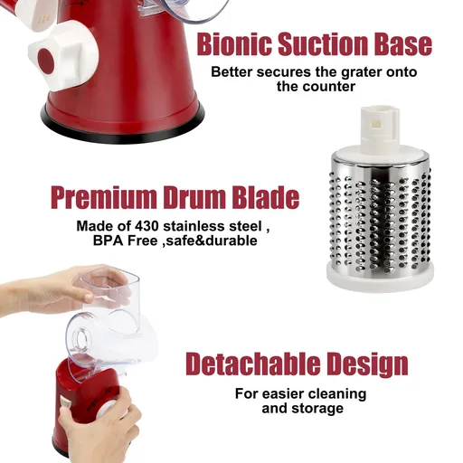 Rotary Cheese Grater - Manual Mandoline Slicer with Non-slip Suction Base, Vegetable Slicer Nuts Grinder Cheese Shredder