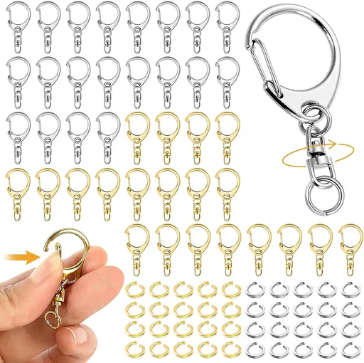60 Pack Lobster Claw Clasps Keychain Kit Metal Lobster Claw Clasps D-shape Hook Clips with Swivel Snap and Open Jump Rings for Making Bag Buckles Zippers Pet Id Tags Party Gifts (Gold+Silver)