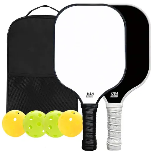 Black and White Fiberglass Pickleball Paddle Set - 2 Minimalist Paddles, 4 Balls, and Carry Bag for Outdoor Play