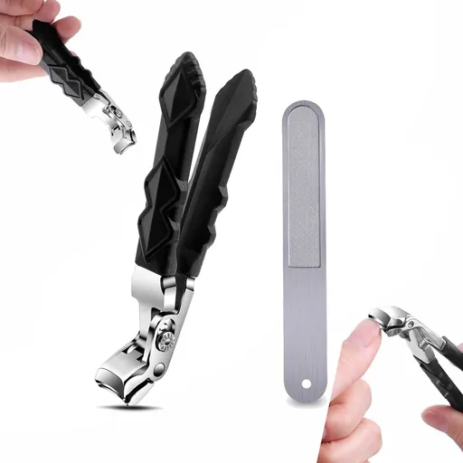 Nail Clippers, Long Handle Ergonomic Angled Head Senior Toenail Clipper, Toe Nail Clippers for Thick Nails, Ultra Sharp Stainless Nail Clipper with Catcher for Men Women 1 Nail Clipper + Nail File + Container Bag
