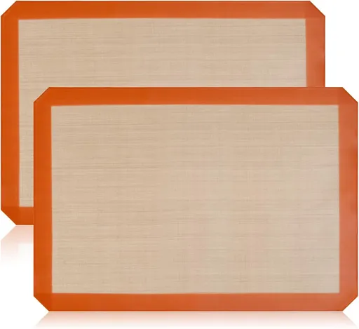 2-Pack Silicone Baking Mats – Non-Stick Reusable BPA-Free Oven Liners, 100% Food-Grade Silicone, Fit Half Sheet Pans (16.54" x 11.62") for Cookies, Pastry & More Orange/Beige, 0.4mm