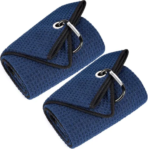 Tri-Fold Golf Towels, 2 Pack Waffle Pattern Towels Soft Fiber Strong Water Absorption with D Clip for Golf Lovers, Navy Blue