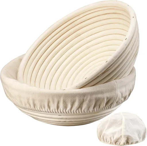 2-Pack Fermentation Basket - Bread Proofing Basket - 9 Inch Round Woven Basket - Includes Linen Lining - Handmade from Natural Reed