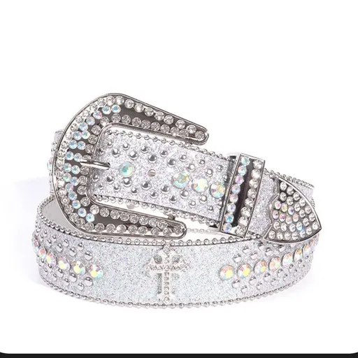 Y2K Bling Rhinestone Belt for Women Glitter Cross Studded Waist Strap Croc Texture Adjustable 105cm Dress Belt-White