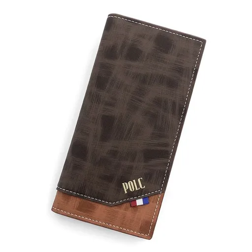 Men's Long Bifold PU Leather Wallet, Vintage Plaid Patchwork Business Card Holder with Zipper Coin Pocket & ID Photo Slot (Dark Brown)