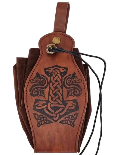 Viking Style Costume Belt Pouch Faux Leather Embossed Norse Symbol 24cm Long Brown