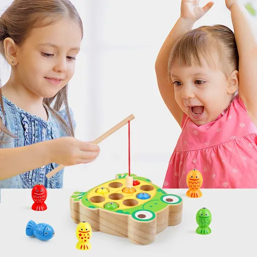 Magnetic Wooden Fishing Game Toys for Toddlers,Wooden Frog Magnets Fishing Toys Color Sorting Puzzle Montessori Preschool