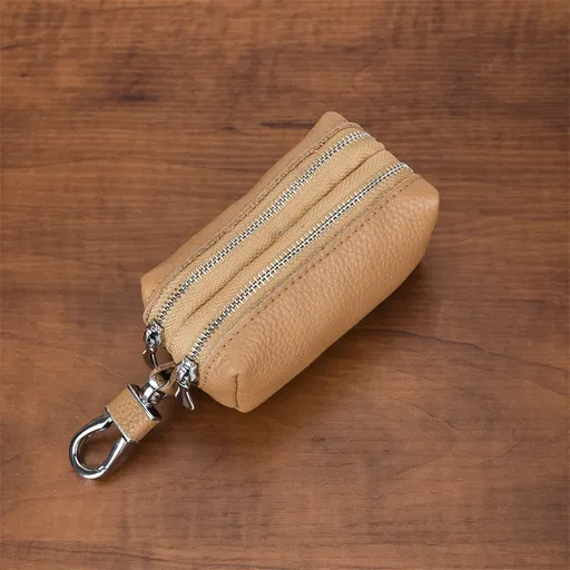 Khaki High-Quality Genuine Leather Key Case – Double-Layer Zippered Organizer for Keys, Cards & Coins