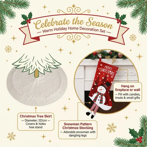 White Christmas tree skirt and snowman pattern stocking set - 122cm diameter tree skirt, holiday home decor set, reusable Christmas tree base cover and fireplace mantle stocking, suitable for living room and gift display