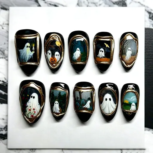 30pcsReusable Halloween Press-On Nails with Ghost Portrait Design for Spooky Themed Occasions (black)