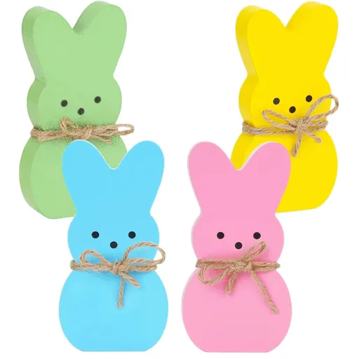 2-PCS Cute Wooden Easter Bunny Decorations Set of 4 in Pastel Colors for Home Tabletop Display Spring Holiday Decor