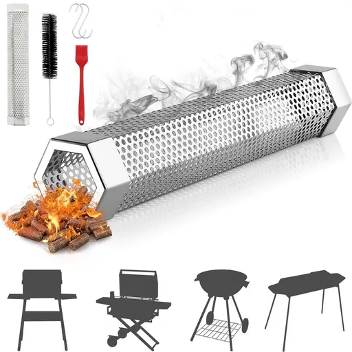 12" Stainless Steel Smoker Tube Set, Smoker Box Hot or Cold Smoking Use Wood Pellets or Wood Chips for up to 5 Hours of Smoke Flavor Infusion (1xCleaning Brush, 2xS-hooks, 1xSilicone Brush)