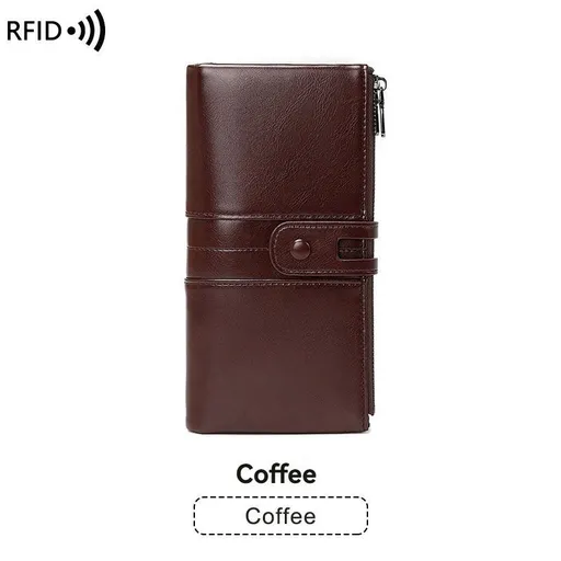 women's leather wallet, anti-skimming wallet, retro style wallet, Korean fashion wallet, long wallet for women, ladies accessory, RFID blocking wallet, genuine leather clutch - Mocha - Size L