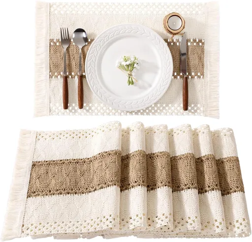 Boho Placemats Washable Cotton Burlap 11.8x19.6 Inch Set of 6 Woven Dinner Table Decor